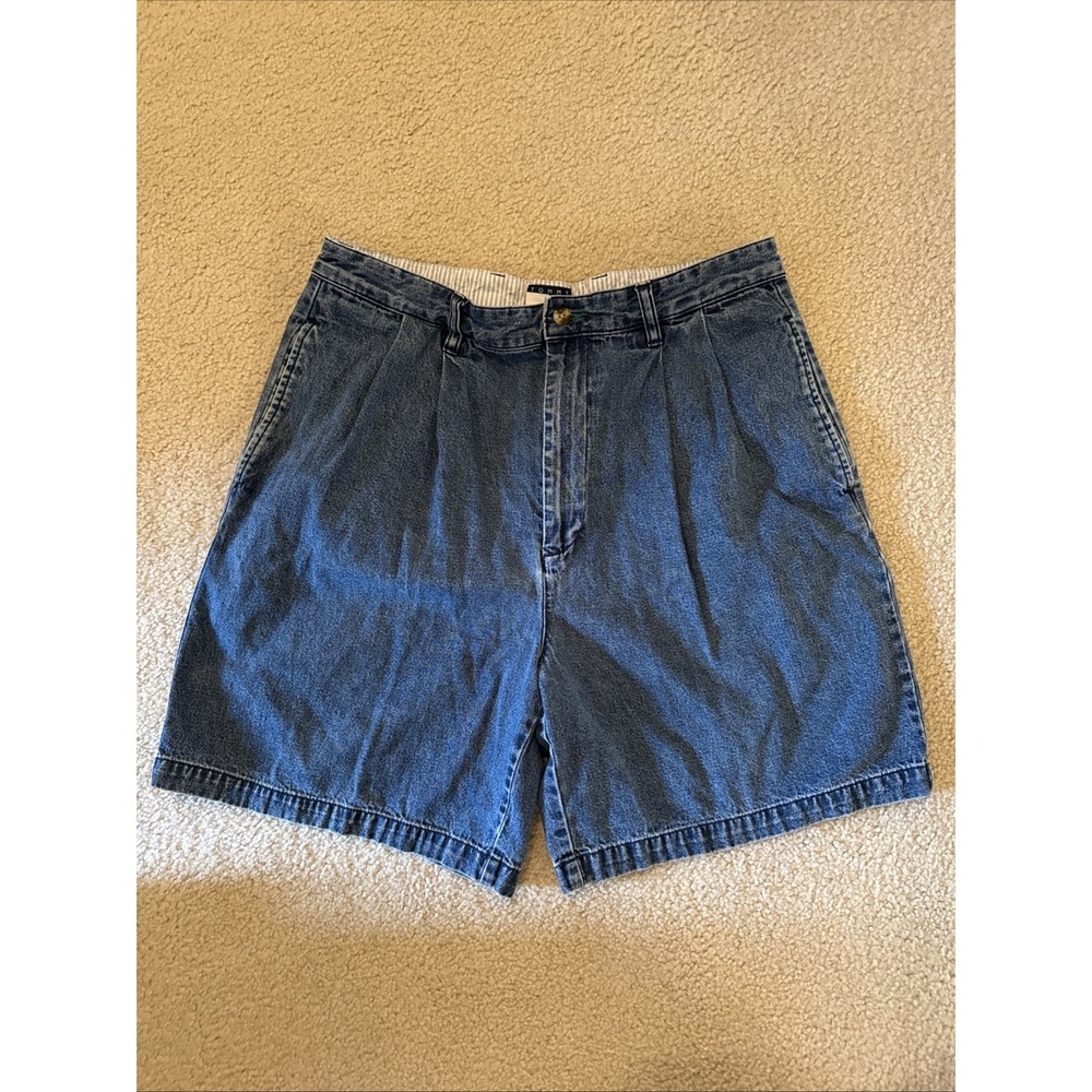 Tommy Hilfiger Pleated Denim Shorts Unisex Y2K High-Waist Baggy Size 34 Vintage